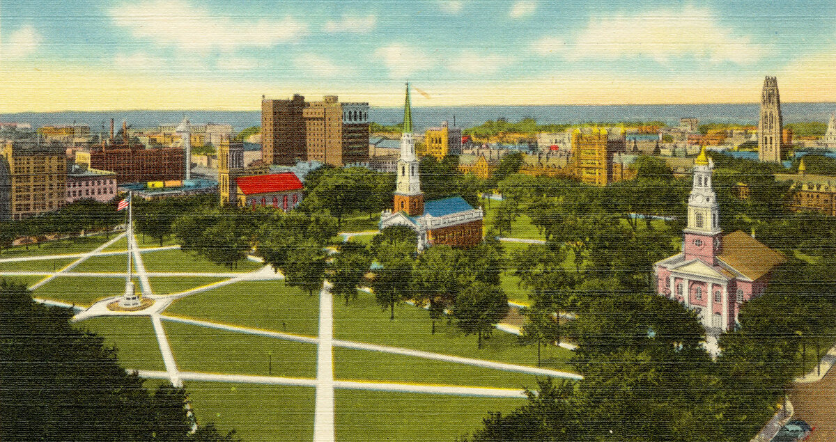 Postcard New Haven Green, c. 1920s.